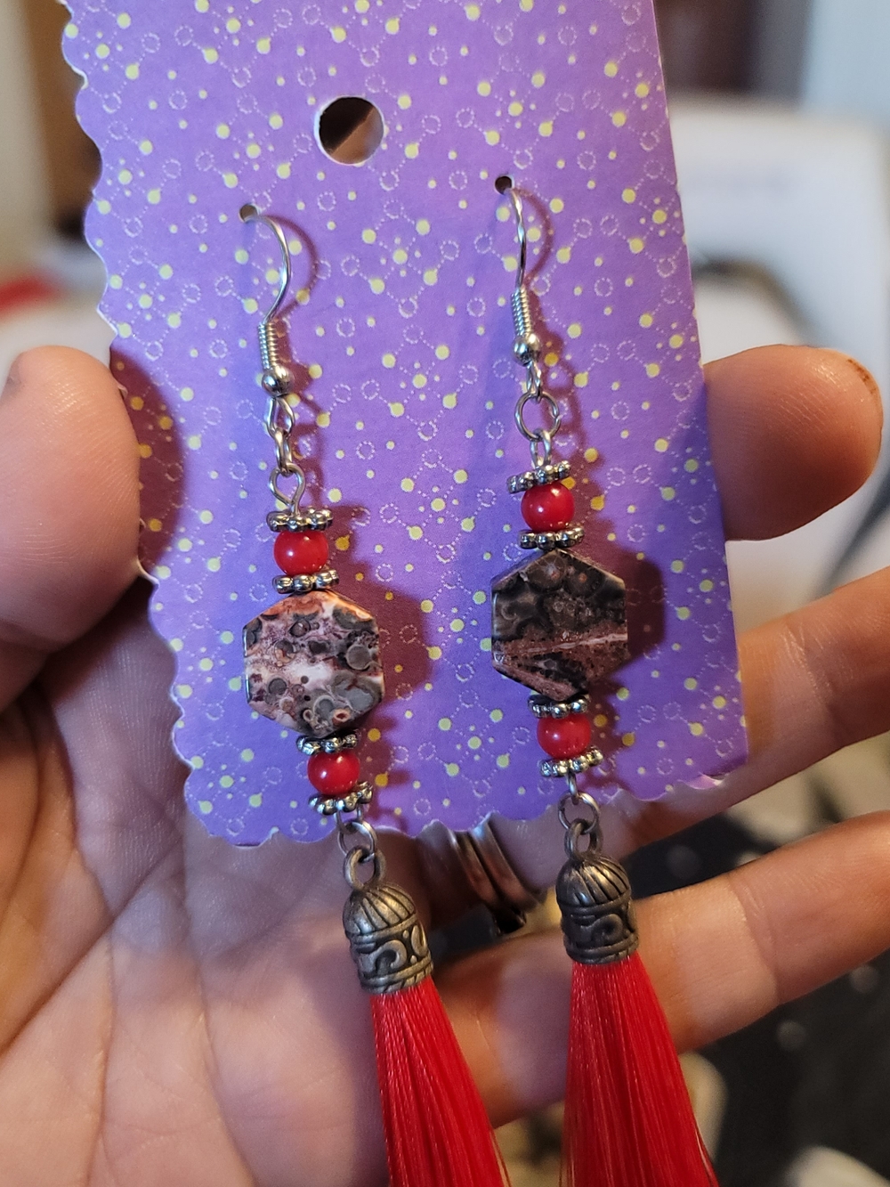 🔥3 For $20 Handmade Red Tassel Drop Earrings with Stone Beads